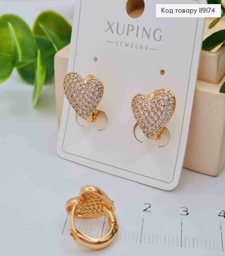 Серьги кольца (1,2см) "Сердце" украшены Блестящими камешками (1,1см), XUPING 18К 119174 фото 2