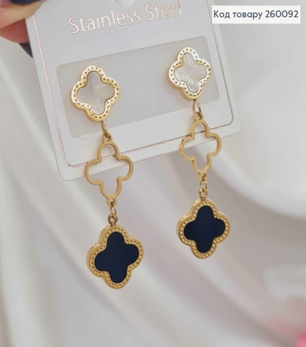 Сережки гвіздки "Van Cleef" з чорною та перламутровою емаллю, лимонні 4,5см, сталь Stainless Steel 260092 фото 3