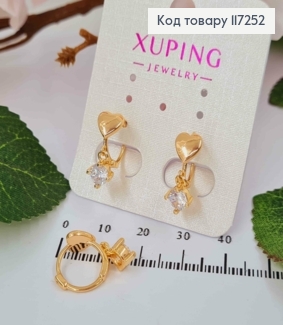 Сережки кільця Сердечко з підвіскою блискучий камінець 6мм, діаметр 1,3см XUPING 18K 117252 фото