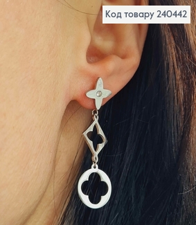 Серьги гвоздики серебряного цвета с подвесками Van Cleef, 3,5см, сталь Stainless Steel 240442 фото