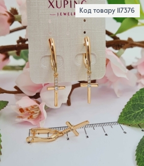 Серьги с подвесным крестиком с камешками, длина 1,7+1,6*1см, англ застежка, XUPING 18K 117376 фото