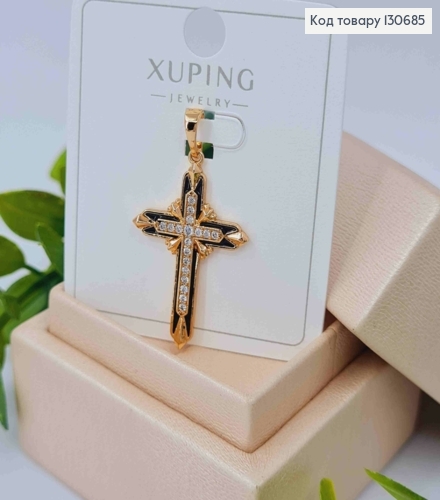 Крестик с Черной эмалью и Блестящими камешками внутри, 3*2см, Xuping 18K 130685 фото 3