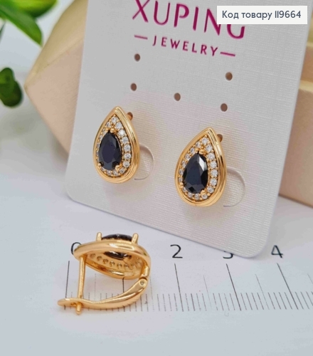 Серьги "Капельки" с черным камнем, длина 1,4см, английская застежка, Xuping 18к. 119664 фото 2