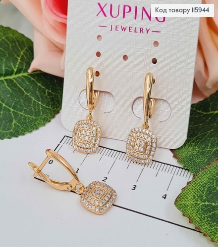 Сережки, з квадратною підвісочкою, в камінцях, 2,5см, англ. заст. Xuping 18K 115944 фото 2
