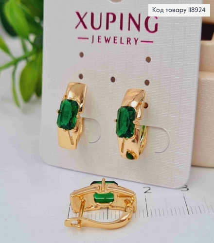 Серьги Прямоугольные с Зеленым камнем, 1,6см, английская застежка, Xuping 18K 118924 фото 2