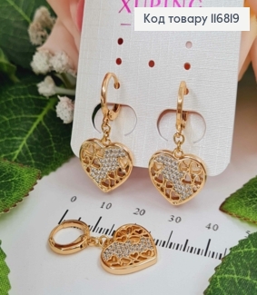 Серьги кольца 1см, с ажурными подвесками Сердечками в камешках, 1,5см, Xuping 18К 116819 фото
