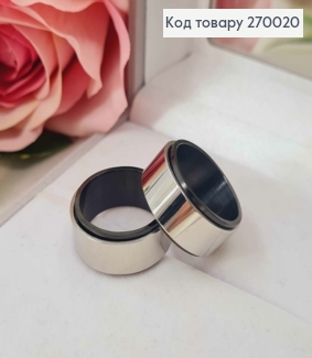 Перстень срібного кольору, "Класичний" з Чорною емаллю по краям, Stainless Steel 270020 фото