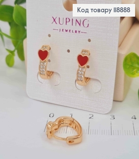Серьги кольца "Сердце" с Блестящими камешками и Красной эмалью, 1,4см, Xuping 18K 118888 фото