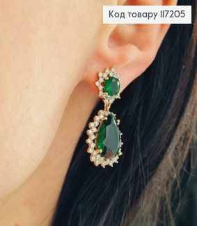 Серьги гвозди подвески с большими ЗЕЛЕНЫМИ камушками, 3*1,2см, XUPING 18K 117205 фото