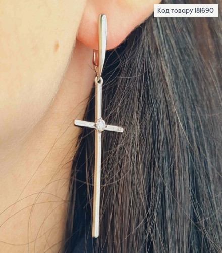 Серьги родованные с подвесными Крестиками с Блестящим камешком, 1,8+4,1см, англ. застежка, Xuping 181690 фото 2