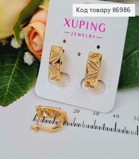Серьги пластинки, фактурные с камешками, 1,5см, англ. зам, Xuping 18K 116986 фото