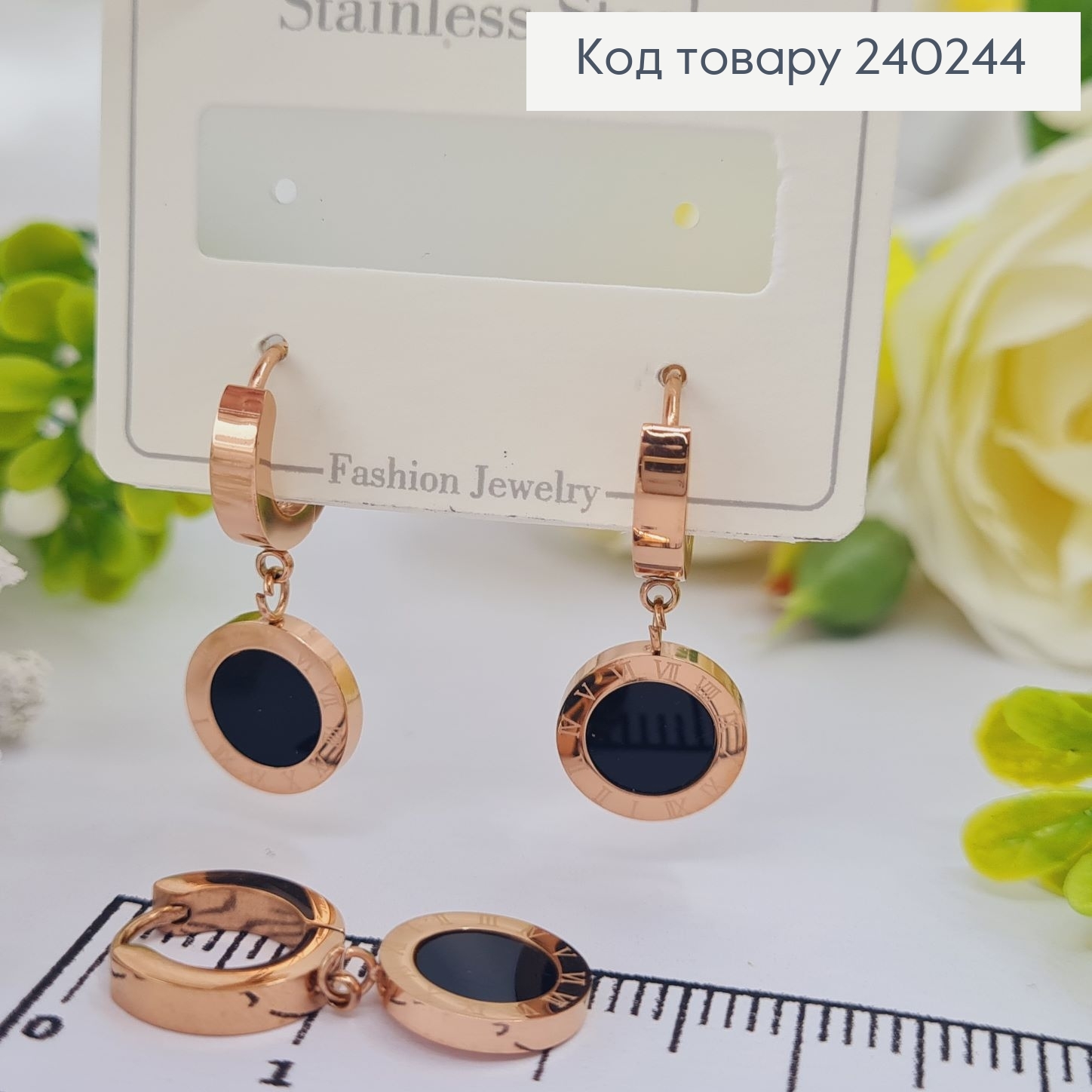 Серёжки кольца 1.2 см Римские часы с чёрной эмалью, цвет золотые, Stainless Steel 240244 фото 1
