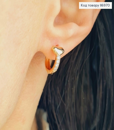 Сережки кільця 1,3см, в камінчиках, з об'ємним сердечком, Xuping 18K 116970 фото 2
