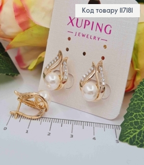 Сережки "Мирні" з перлинкою та камінцями, розмір 1,7*1,2см,англійська застібка Xuping 18K 117181 фото