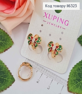 Серьги кольца 1,2см, с яркой бабочкой в зеленых тонах, 1,4см, Xuping 18K 116323 фото