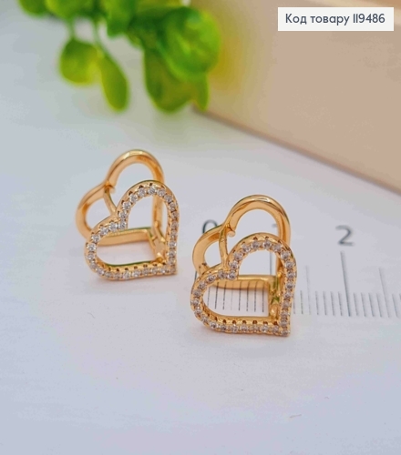 Серьги кольца "Двойное Сердце" с Блестящими камешками, 1,3см, XUPING 18К 119486 фото 2