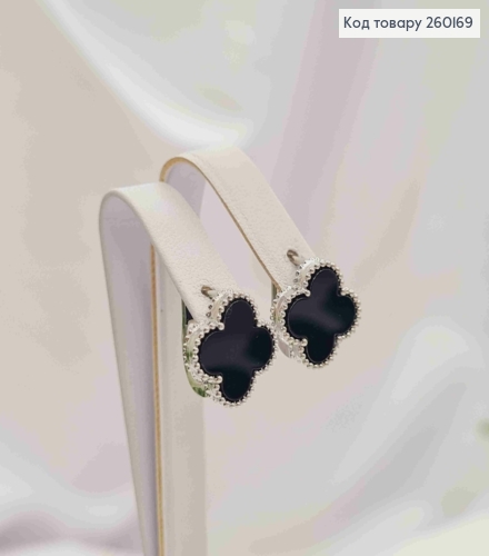 Сережки срібного кольору, Van Cleef з Чорною емаллю (1,4см), англ. застібка, Fashion Jewelry 260169 фото 2