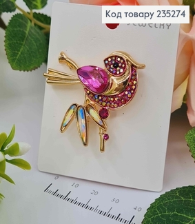 Брошь ПТАШКА с камешками РОЗОВОГО  цвета 4,5*4,5см 235274 фото
