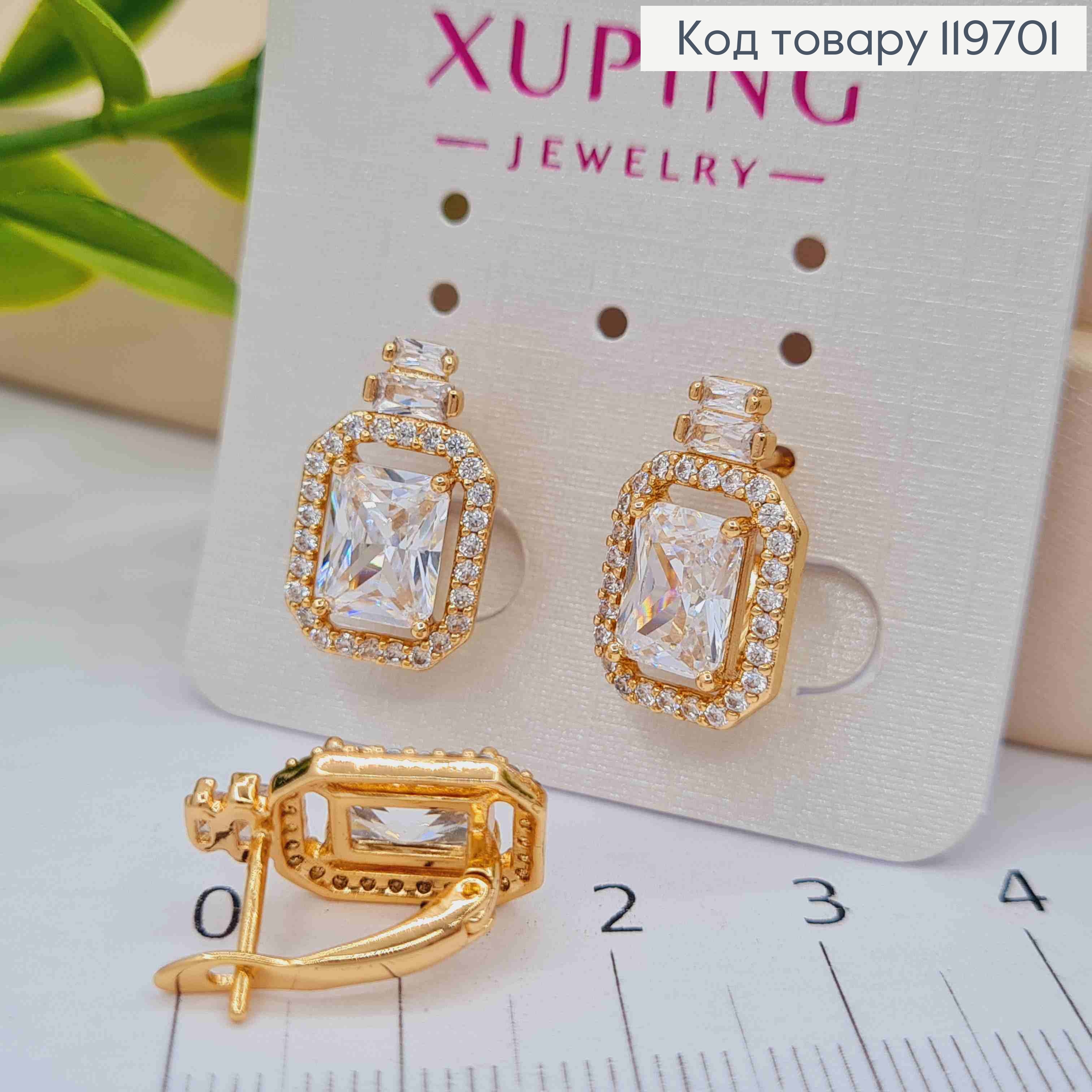 Серьги с изысканным блестящим камнем в оправе из камней, дл. 1,7см, англ. застежка, Xuping 18К 119701 фото 1
