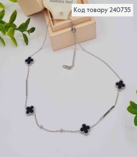 Цепочка серебряного цвета, с подвесками Van Cleef с черной эмалью, 40+5см, сталь Stainless Steel 240735 фото