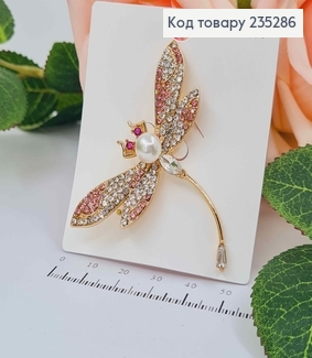 Брошь Стрекоза с бусинкой и камешками РОЖЕВОГО цвета 6*4,5см 235286 фото