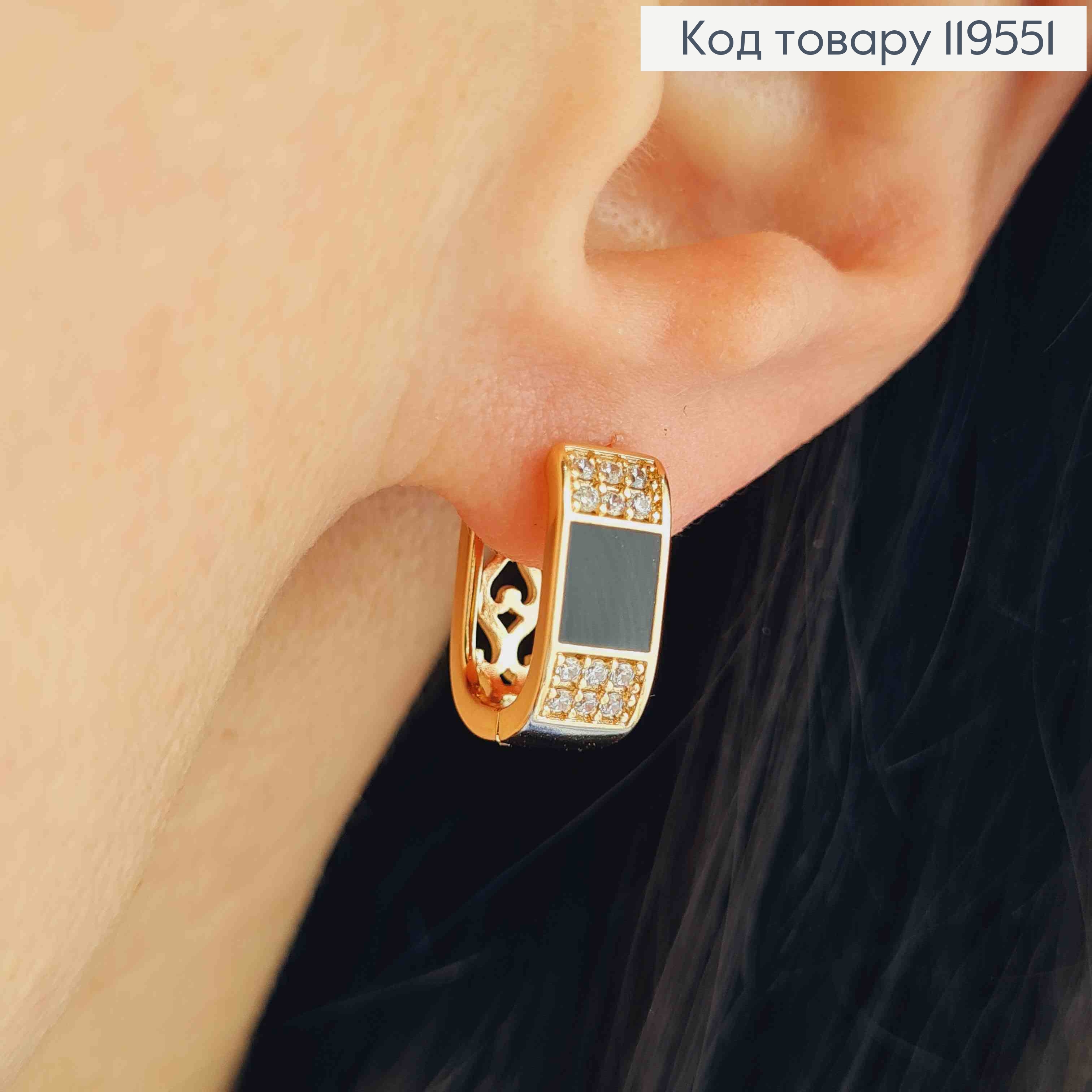 Серьги кольца "Овальные" с Черной эмалью и Блестящими камешками, шир 6мм, дл. 1,5см, Xuping 18K 119551 фото 1