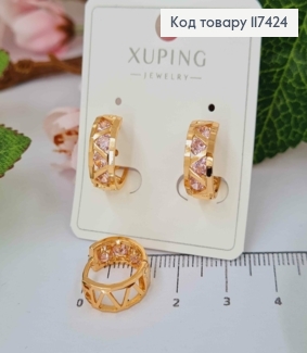 Сережки Кільця з Рожевими камінцями, діаметр 1,4, ширина 6мм, XUPING 18K 117424 фото