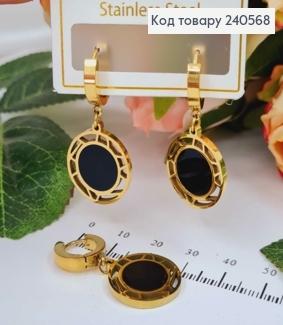 Серьги кольца с круглыми подвесками, с черной эмалью, ажурные, 1,5см, лимонные, сталь Stainless Steel 260042 фото