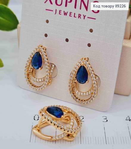 Серьги "Капельки" с Синим камнем, 1,8см, итальянская застежка, Xuping 18K 119226 фото 2