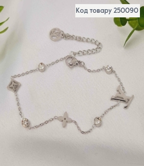 Браслет срібного кольору, Louis Vuitton з Блискучими камінцями, 17,5+5см, сталь Stainless Steel 250090 фото