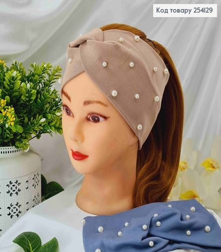 Повязка чалма, с бусинками и жемчужинами, цвет в ассорт. 21*11см 254129 фото 2