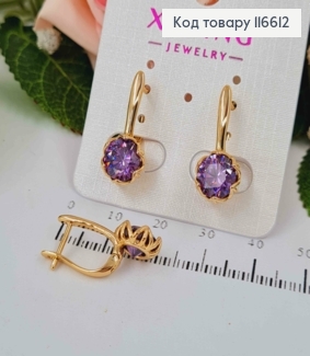 Серьги "Лотос" с насыщенным Фиолетовым камешком, 2см, англ. зам. Xuping 18К 116612 фото