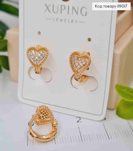 Сережки-кільця  (0,9см) "Серце в камінцях"  (0,9*0,8см) ,Xuping 18K 119017 фото 2