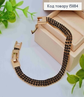 Браслет из черных камней в три ряда, ширина 0,7 см, длина 17+2см, Xuping 18K. 151184 фото