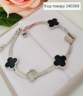Браслет 17.5+3.5 см Van Cleef плоский снейк с чёрной эмалью, цвет серебряный, Stainless Steel 240266 фото