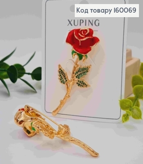 Брошка "Троянда" з Червоною емаллю та Блискучими камінцями, 5,9см, Xuping 18к 160069 фото
