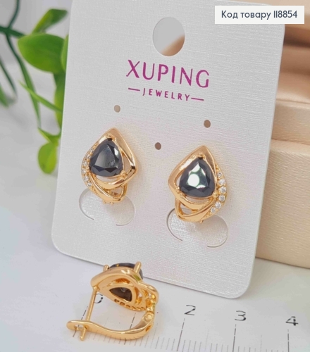 Сережки "Космічна Краплинка" з Чорним каменем, 1,4см, англійська застібка, Xuping 18К 118854 фото 2