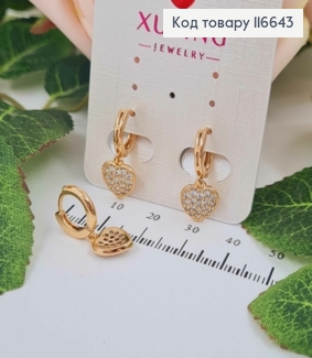 Сережки кільця 1см, підвіски сердечка в камінцях 0,9см, Xuping 18K 116643 фото