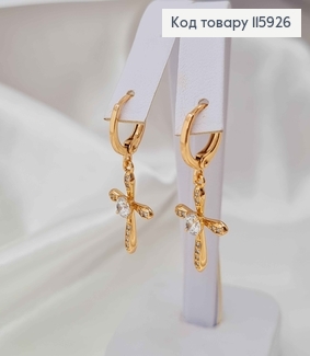 Сережки кільця 1см, з підвіскою Хрестиком в камінцях, 2см, Xuping 18K 115926 фото