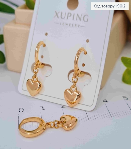 Сережки-кільця (1см)з підвіскою Серце   (розмір 0,7*0,8см) ,Xuping 18K 119012 фото 2