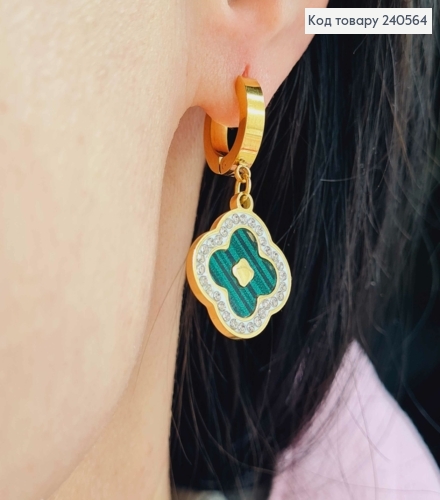 Серьги кольца, подвеска "Van Cleef" с зеленой эмалью, в камешках, 1,5см, лимонные, сталь Stainless Steel 260038 фото 3