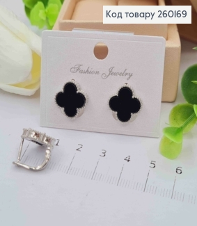 Сережки срібного кольору, Van Cleef з Чорною емаллю (1,4см), англ. застібка, Fashion Jewelry 260169 фото