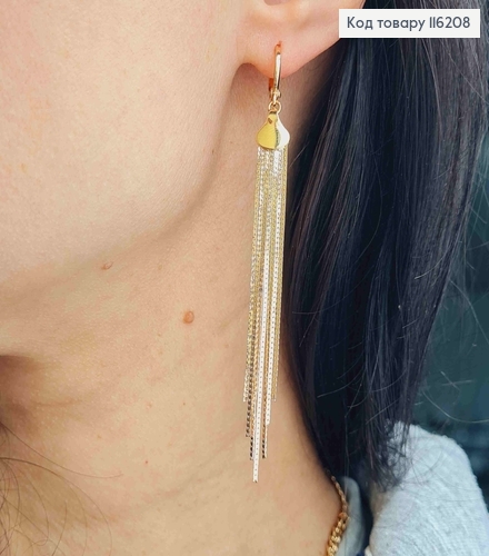 Сережки кільця 1см, з підвісками плоскими ниточками 7см, Xuping 18K  116208 фото 3