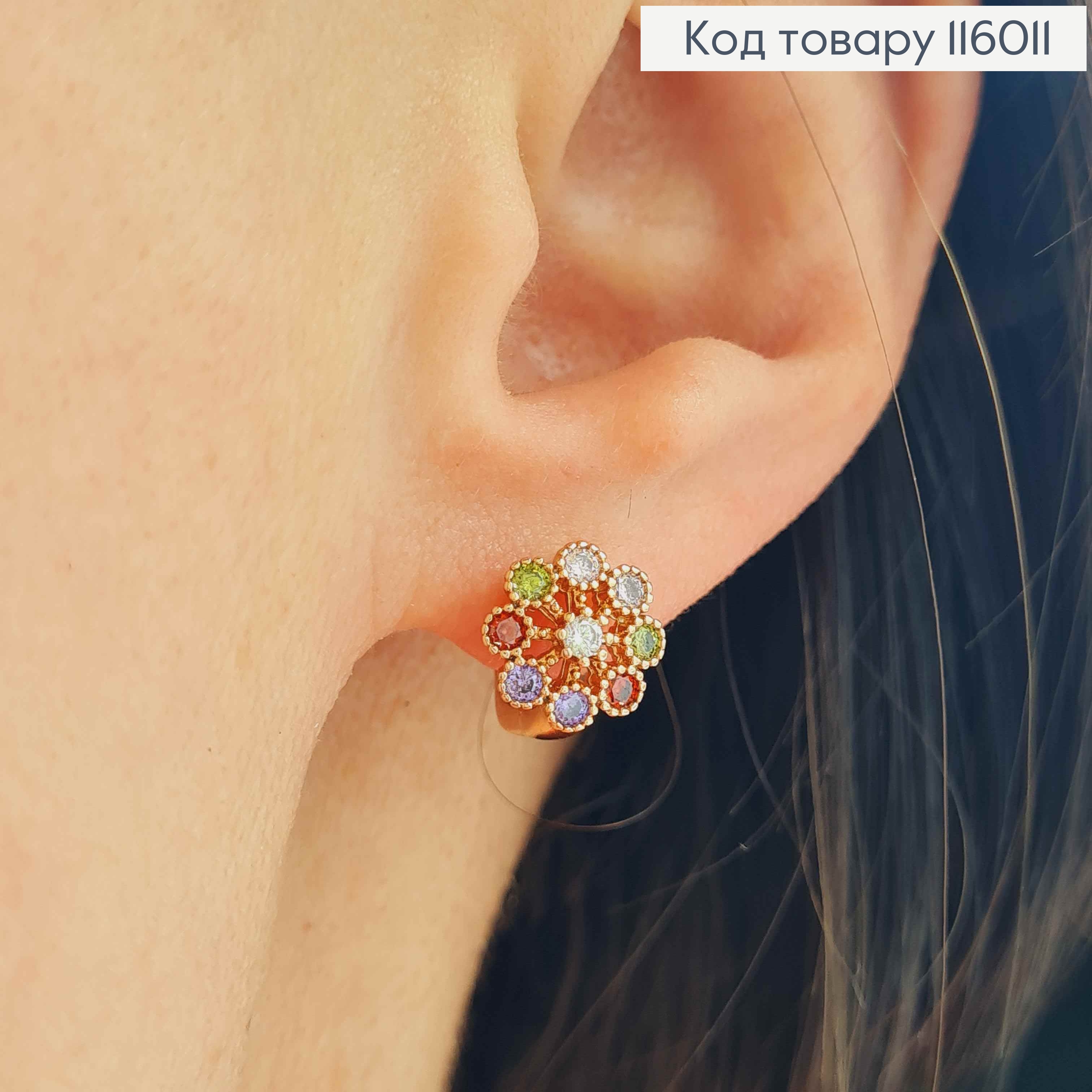Сережки "Фортуна" з кольоровими камінцями, 0,8см, англ. застібка, 18K 116011 фото 1