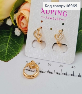 Сережки кільця 1,2см, з сердечком в камінчиках, Xuping 18K 116969 фото