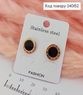 Серьги гвіздки 1,2см Римский часы золотой цвет с черным камнем Stainless Steel 240152 фото