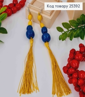 Серьги крючки из Деревянных бусин + Кисточка, Желто-Голубого цвета, 6+8см, Ручная работа 25392 фото