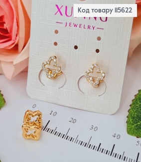 Сережки кільця 1см, "Чотирилистнички" в камінця, Xuping 18K 115622 фото