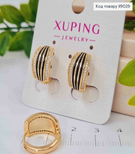 Серьги кольца с Камешками и Черной эмалью, диаметр 1,6см, Xuping 18К. 119029 фото 2