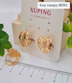 Серьги кольца "Листочек" с Блестящими камешками, 1,3см, Xuping 18К 118392 фото